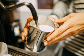 Coffee machine makes coffee. Сappuccinatore. Tamper