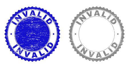 Grunge INVALID stamp seals isolated on a white background. Rosette seals with grunge texture in blue and gray colors. Vector rubber stamp imitation of INVALID title inside round rosette.