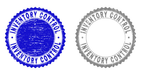 Grunge INVENTORY CONTROL stamp seals isolated on a white background. Rosette seals with grunge texture in blue and grey colors.