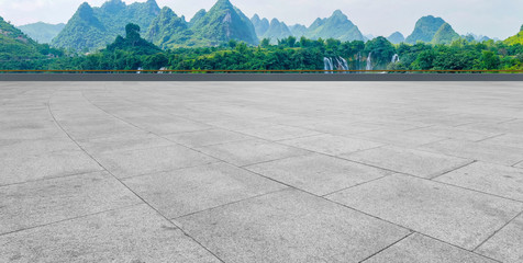 Empty Plaza Floor Bricks and Beautiful Natural Landscape