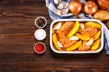 Raw chicken legs prepared for roasting