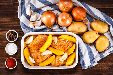 Raw chicken legs prepared for roasting