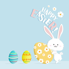 Happy Easter greeting card, poster, with cute, sweet bunny and flowers Colorful Happy Easter greeting card with rabbit, bunny, egg.