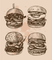 Ink hand drawn set of various burgers with vegetables, eggs, lettuce, onion rings. Food elements collection for menu or signboard design. Vector illustration.