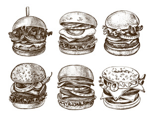 Ink hand drawn set of various burgers with vegetables, eggs, lettuce, onion rings. Food elements collection for menu or signboard design. Vector illustration.