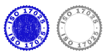 Grunge ISO 17025 stamp seals isolated on a white background. Rosette seals with distress texture in blue and grey colors. Vector rubber stamp imitation of ISO 17025 title inside round rosette.