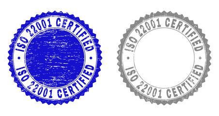 Grunge ISO 22001 CERTIFIED stamp seals isolated on a white background. Rosette seals with grunge texture in blue and gray colors.