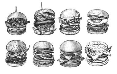 Ink hand drawn set of various burgers with vegetables, eggs, lettuce, onion rings. Food elements collection for menu or signboard design. Vector illustration. - obrazy, fototapety, plakaty