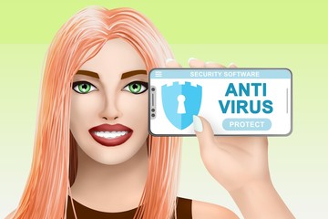 Concept anti virus software. Drawn pretty girl on colourful background. Illustration
