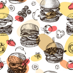 Decorative seamless pattern with Ink hand drawn different types of burgers. Food elements texture for your design. Vector illustration. - 248286556
