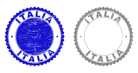 Grunge ITALIA stamp seals isolated on a white background. Rosette seals with grunge texture in blue and gray colors. Vector rubber stamp imprint of ITALIA tag inside round rosette.