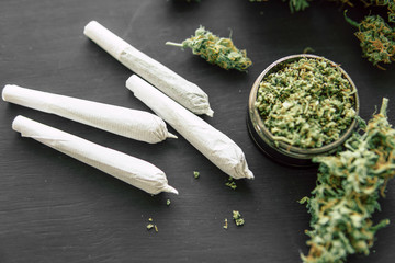 Macro of marijuana joint with trichomes and crushed weed in a grinder for chopping a canapis on a...