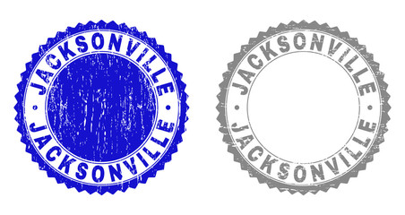 Grunge JACKSONVILLE stamp seals isolated on a white background. Rosette seals with grunge texture in blue and gray colors. Vector rubber stamp imprint of JACKSONVILLE text inside round rosette.