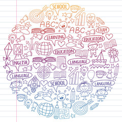 Vector set of learning English language, children's drawingicons in doodle style. Painted, colorful, gradient on a piece of linear paper on white background.