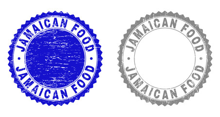 Obraz premium Grunge JAMAICAN FOOD stamp seals isolated on a white background. Rosette seals with grunge texture in blue and gray colors. Vector rubber stamp imitation of JAMAICAN FOOD label inside round rosette.