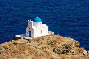 The Church of Seven Martyrs in Sifnos built on a cliff in Kastro the old capital of island. Greece