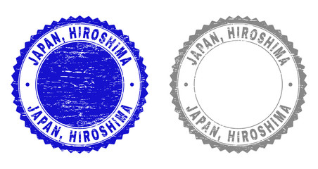 Grunge JAPAN, HIROSHIMA stamp seals isolated on a white background. Rosette seals with grunge texture in blue and grey colors. Vector rubber watermark of JAPAN, HIROSHIMA title inside round rosette.