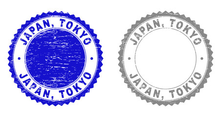 Grunge JAPAN, TOKYO stamp seals isolated on a white background. Rosette seals with grunge texture in blue and gray colors. Vector rubber stamp imprint of JAPAN, TOKYO label inside round rosette.