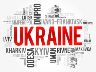 List of cities in Ukraine word cloud collage, business and travel concept background