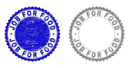 Grunge JOB FOR FOOD stamp seals isolated on a white background. Rosette seals with grunge texture in blue and gray colors. Vector rubber stamp imprint of JOB FOR FOOD label inside round rosette.