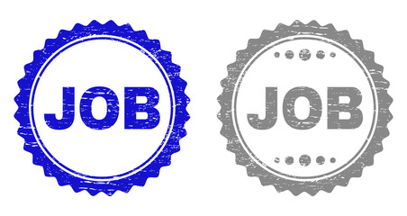 Grunge JOB stamp seals isolated on a white background. Rosette seals with grunge texture in blue and gray colors. Vector rubber stamp imitation of JOB label inside round rosette.