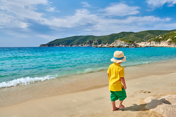 Toddler boy wearing straw hat walking on beach