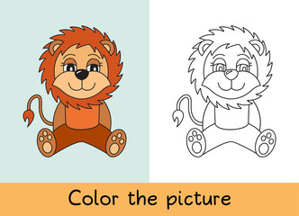 Coloring book. Lion. Cartoon animall. Kids game. Color picture. Learning by playing. Task for children