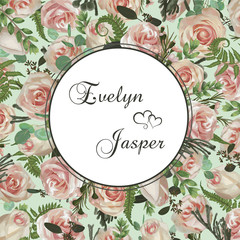 Wedding floral invitation, invite card. Vector watercolor set green forest fern, brunia, herbs, flowers, eucalyptus, branches boxwood, buxus, chamaelaucium and pink rose. Natura, green round frame, bo