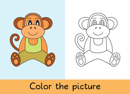 Coloring book. Monkey, macaque. Cartoon animall. Kids game. Color picture. Learning by playing. Task for children