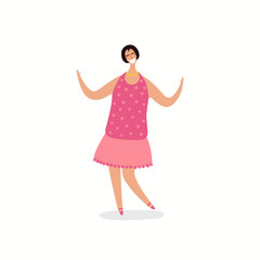 Hand drawn vector illustration of a happy woman dancing. Isolated objects on white background. Flat style design. Concept, element for feminism, womens day card, poster, banner.