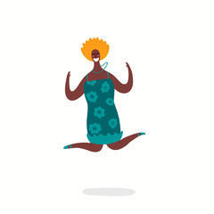 Hand drawn vector illustration of a happy black woman jumping. Isolated objects on white background. Flat style design. Concept, element for feminism, womens day card, poster, banner.