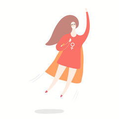 Hand drawn vector illustration of a happy woman superhero flying. Isolated objects on white background. Flat style design. Concept, element for feminism, womens day card, poster, banner.