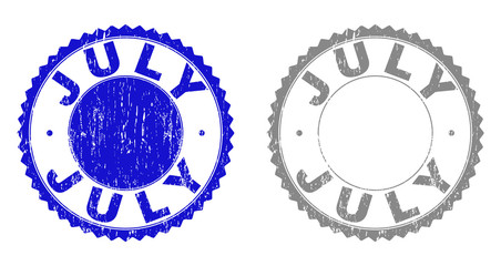 Grunge JULY stamp seals isolated on a white background. Rosette seals with grunge texture in blue and grey colors. Vector rubber stamp imitation of JULY title inside round rosette.