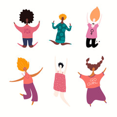 Fototapeta premium Set of diverse jumping women. Isolated objects on white background. Hand drawn vector illustration. Flat style design. Concept, element for feminism, girl power, womens day card, poster, banner.