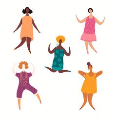 Set of diverse dancing women. Isolated objects on white background. Hand drawn vector illustration. Flat style design. Concept, element for feminism, girl power, womens day card, poster, banner.