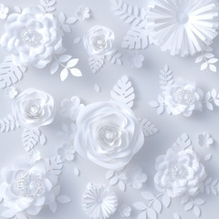 White Paper floral background, artificial papercraft flowers pattern . 3d rendering