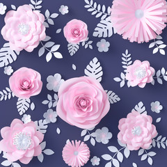 Pink Paper flowers background, floral packaging design, wedding or Valentines day greeting card. 3d rendering
