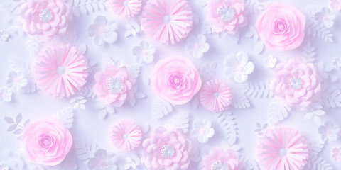 Pink Paper flowers background, floral papercraft wallpaper, wedding or Valentines day greeting card. 3d rendering