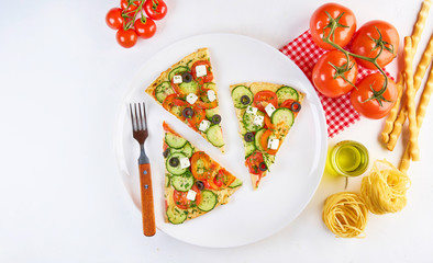Sliced pizza with ingredients on white background. Top view, flat lay