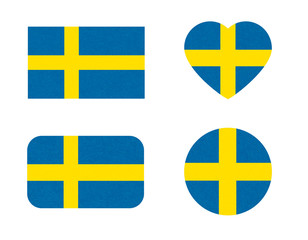Sweden flag in different shapes, Stockholm. Scandinavian country. Swedish banners with scratched texture, grunge. Illustration with noise, marble textured background. Horizontal orientation. Isolated.
