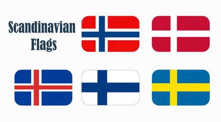 Obraz premium Flags of Scandinavia. Scandinavian northern states. Isolated button with scratched texture, grunge. Illustration with marble textured background. Nordic countries banners icons.