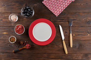 Ingredients for cooking on wooden table, top view, flat lay