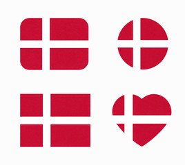 Flag of Denmark in different shapes. Scandinavian country. Danish banners with scratched texture, grunge. Illustration with noise, marble textured background. Horizontal orientation. Isolated.