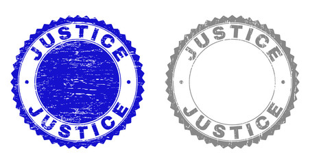 Grunge JUSTICE stamp seals isolated on a white background. Rosette seals with distress texture in blue and gray colors. Vector rubber stamp imprint of JUSTICE caption inside round rosette.