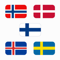 Flags of Scandinavia. Scandinavian northern states. Isolated  button with scratched texture, grunge. Illustration with marble textured background. Nordic countries banners icons.