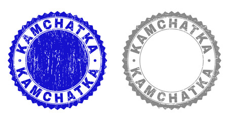 Grunge KAMCHATKA stamp seals isolated on a white background. Rosette seals with grunge texture in blue and grey colors. Vector rubber overlay of KAMCHATKA tag inside round rosette.