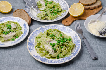 Fettuccine pasta with meat slices