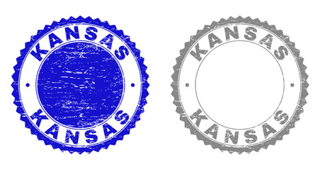Grunge KANSAS stamp seals isolated on a white background. Rosette seals with grunge texture in blue and grey colors. Vector rubber stamp imprint of KANSAS caption inside round rosette.