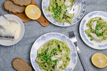 Fettuccine pasta with meat slices