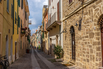 Narrow medieval streets of Alghero. Sardinia, Italy